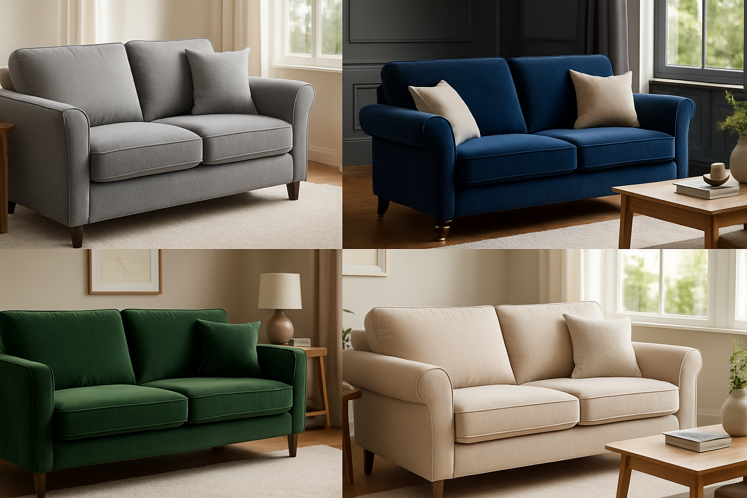 Uma colagem de sofás em diferentes cores: um cinza elegante, um azul profundo, um verde musgo sofisticado e um bege versátil, cada um em um ambiente que realça sua beleza.